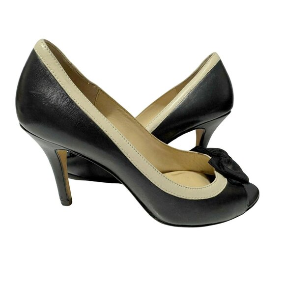 Kate Spade Black & Ivory Leather Peep Toe Fabric Bow Heels Pumps Shoes Sz 8.5M - Picture 1 of 8